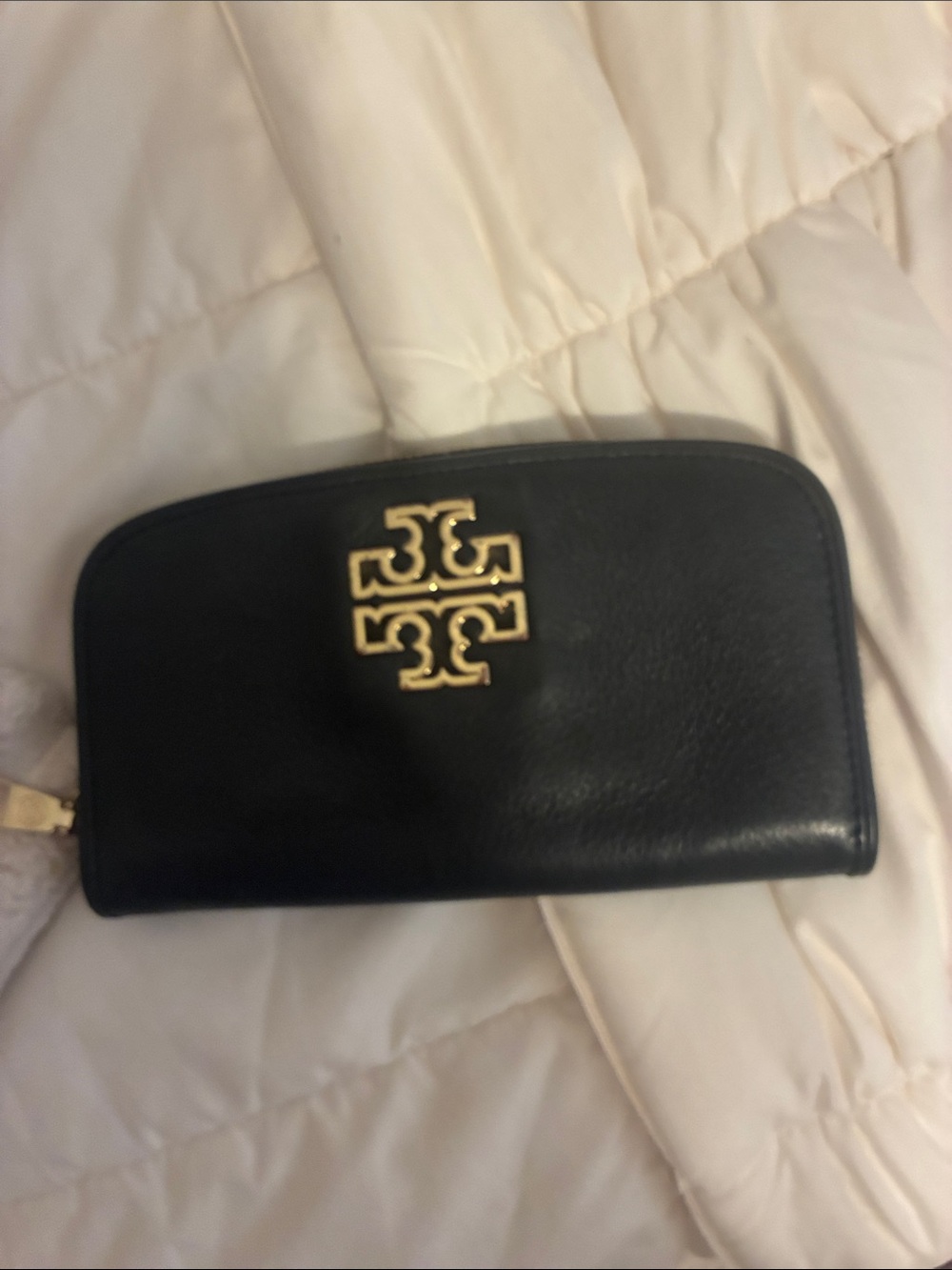 Tory Burch Black Leather Zip Card Holder with Gold Logo